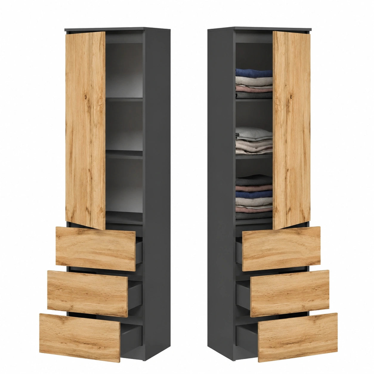 Armoire, en chêne, avec rangement, avec tiroirs, avec étagères, coloris graphite, pour la chambre